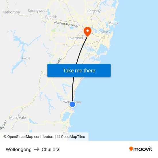 Wollongong to Chullora map