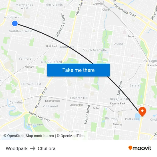 Woodpark to Chullora map