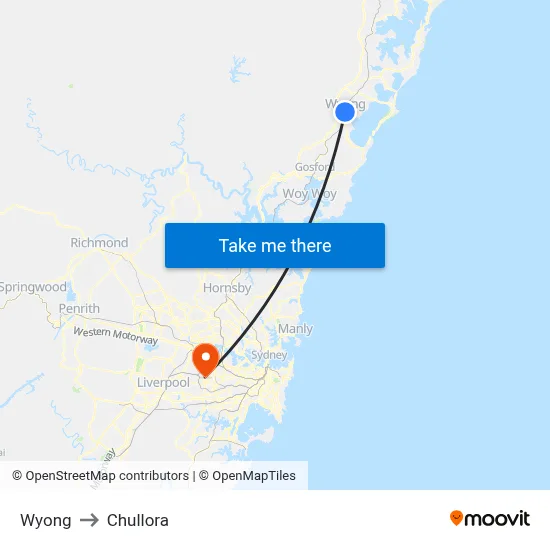Wyong to Chullora map