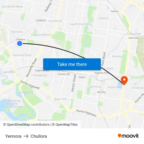 Yennora to Chullora map