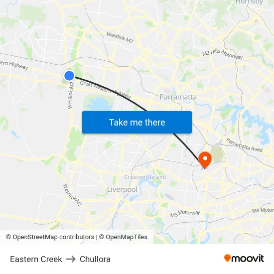 Eastern Creek to Chullora map