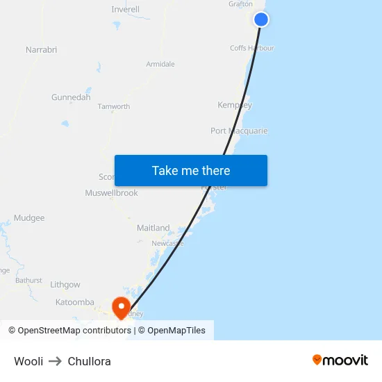 Wooli to Chullora map