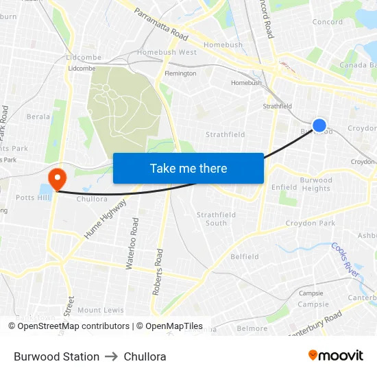 Burwood Station to Chullora map