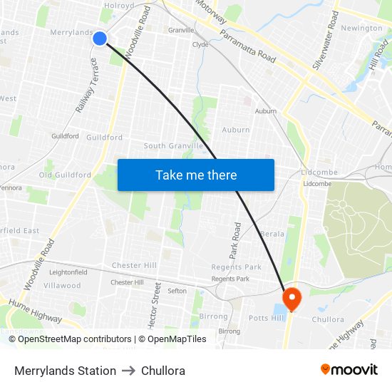 Merrylands Station to Chullora map