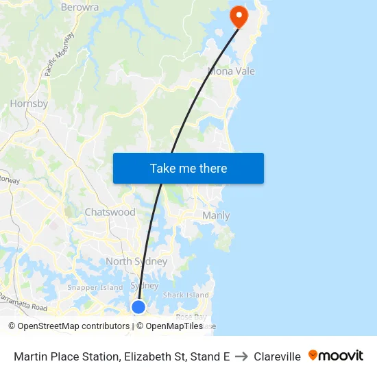Martin Place Station, Elizabeth St, Stand E to Clareville map