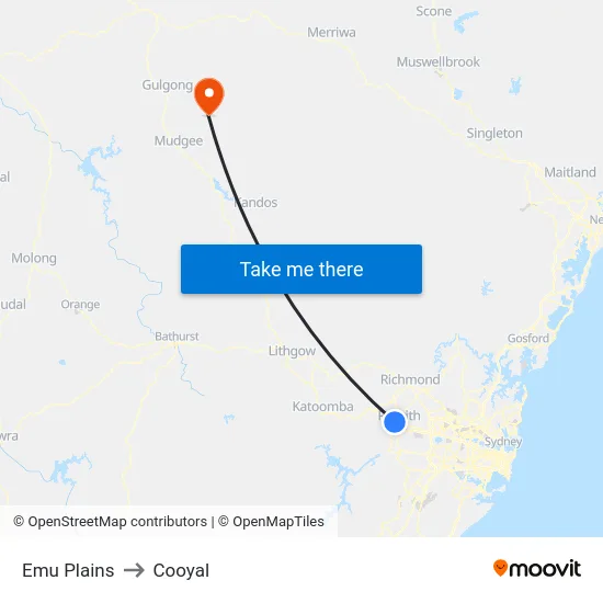 Emu Plains to Cooyal map