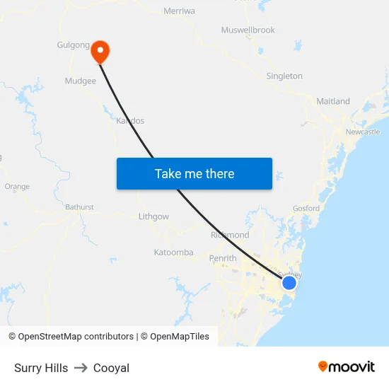 Surry Hills to Cooyal map