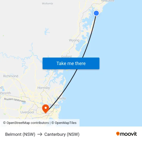 Belmont (NSW) to Canterbury (NSW) map