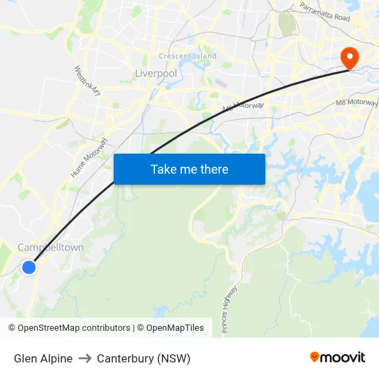 Glen Alpine to Canterbury (NSW) map