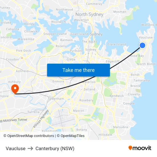 Vaucluse to Canterbury (NSW) map