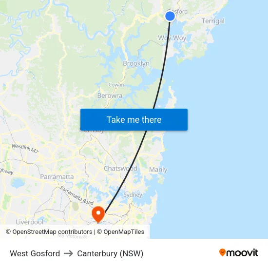 West Gosford to Canterbury (NSW) map