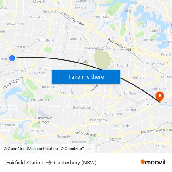 Fairfield Station to Canterbury (NSW) map