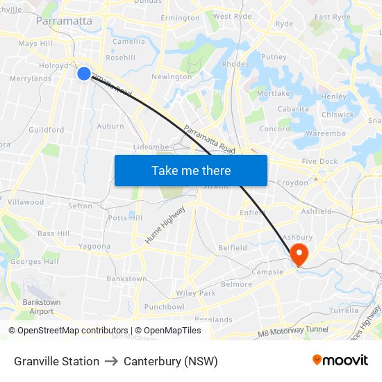 Granville Station to Canterbury (NSW) map