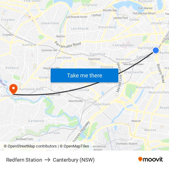 Redfern Station to Canterbury (NSW) map