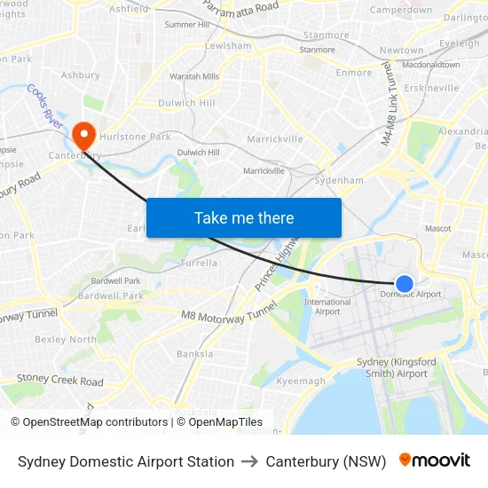Sydney Domestic Airport Station to Canterbury (NSW) map