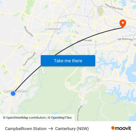 Campbelltown Station to Canterbury (NSW) map