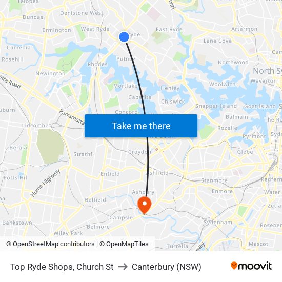 Top Ryde Shops, Church St to Canterbury (NSW) map