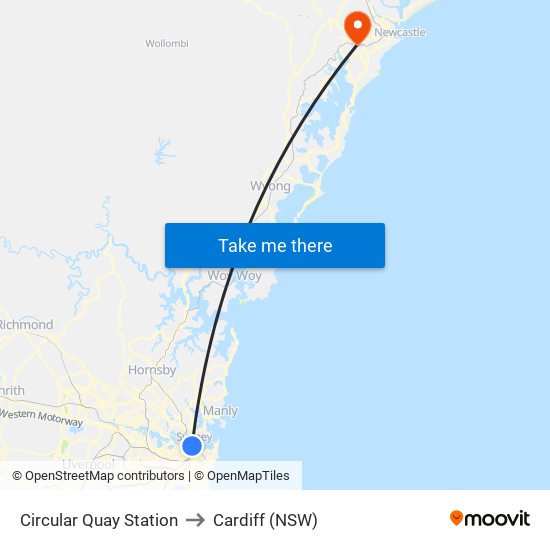 Circular Quay Station to Cardiff (NSW) map