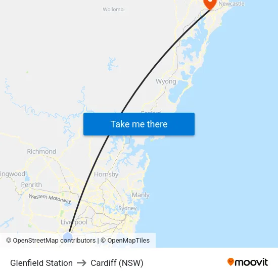Glenfield Station to Cardiff (NSW) map