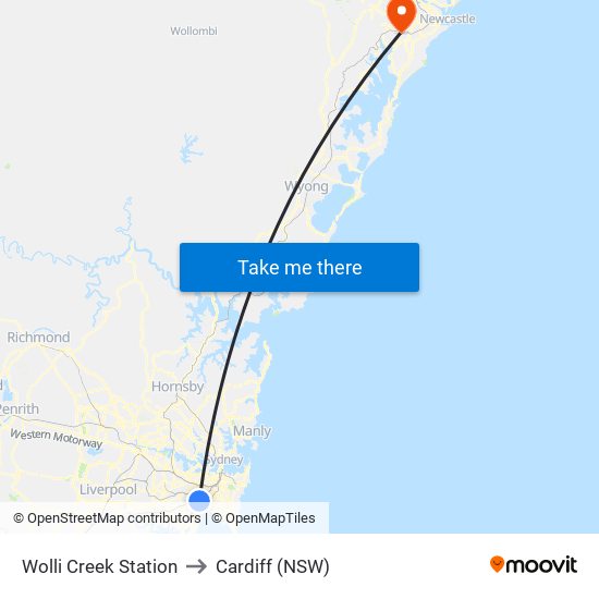 Wolli Creek Station to Cardiff (NSW) map