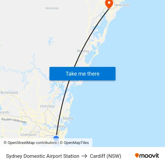 Sydney Domestic Airport Station to Cardiff (NSW) map