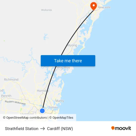 Strathfield Station to Cardiff (NSW) map