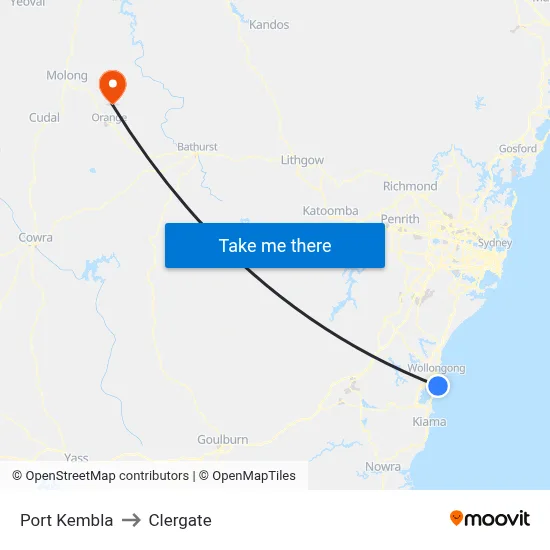 Port Kembla to Clergate map