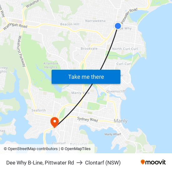 Dee Why B-Line, Pittwater Rd to Clontarf (NSW) map