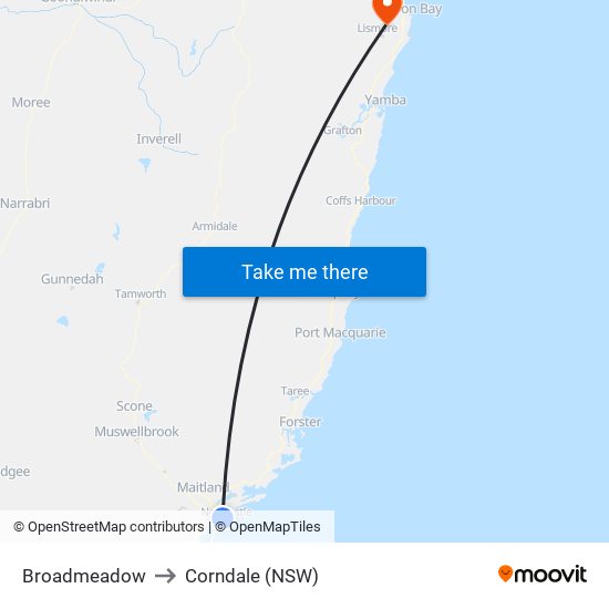 Broadmeadow to Corndale (NSW) map