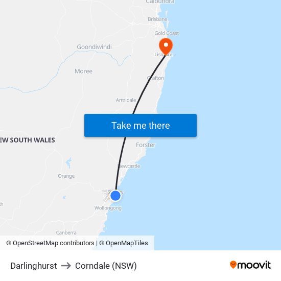 Darlinghurst to Corndale (NSW) map