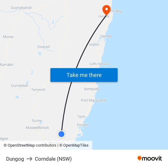 Dungog to Corndale (NSW) map