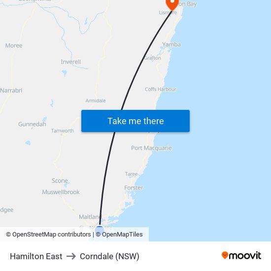 Hamilton East to Corndale (NSW) map