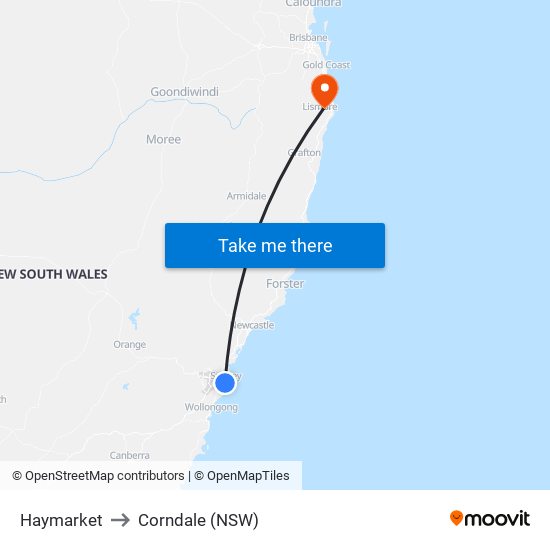 Haymarket to Corndale (NSW) map