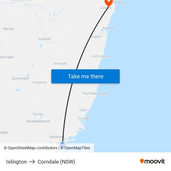 Islington to Corndale (NSW) map