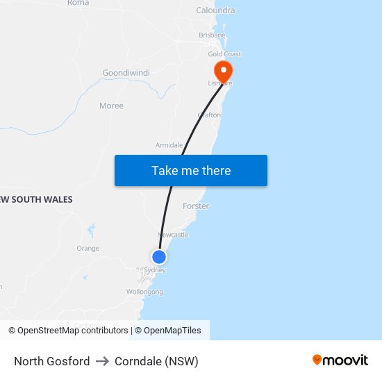 North Gosford to Corndale (NSW) map