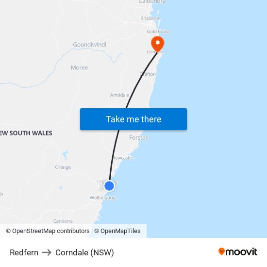 Redfern to Corndale (NSW) map