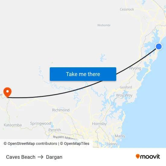 Caves Beach to Dargan map
