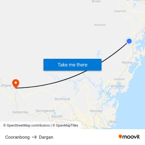 Cooranbong to Dargan map