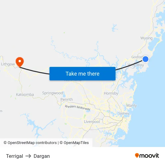 Terrigal to Dargan map