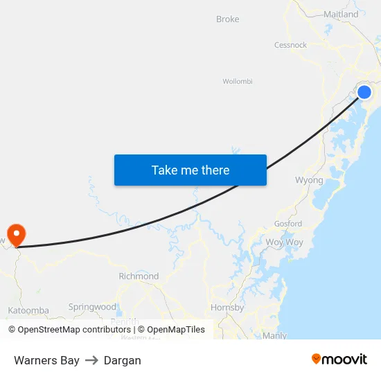 Warners Bay to Dargan map