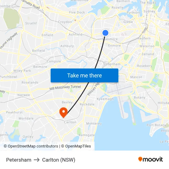 Petersham to Carlton (NSW) map