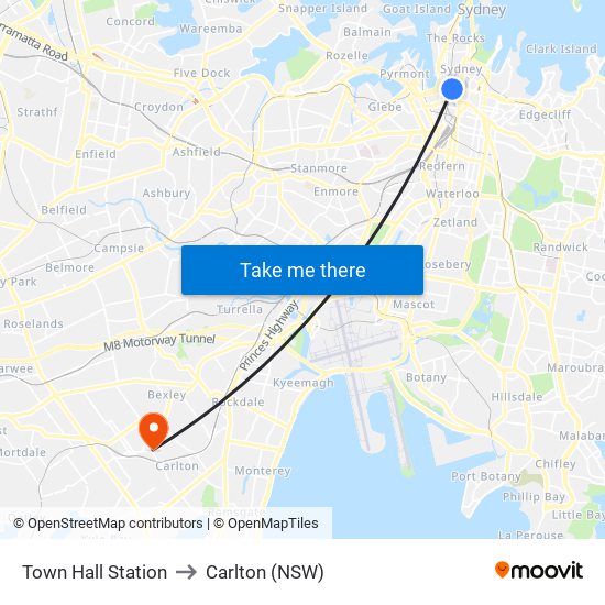 Town Hall Station to Carlton (NSW) map