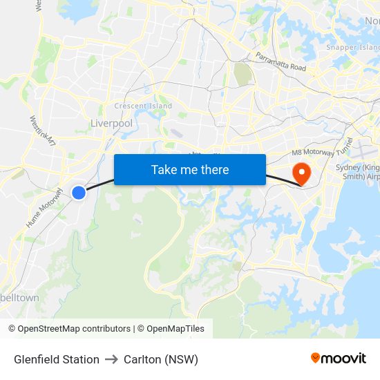 Glenfield Station to Carlton (NSW) map