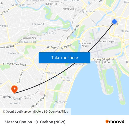 Mascot Station to Carlton (NSW) map