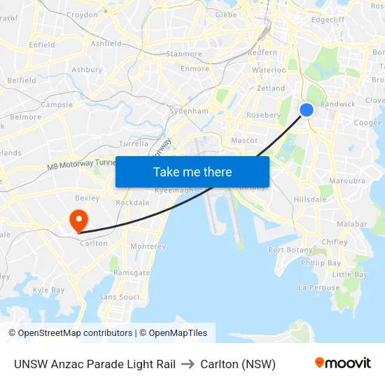 UNSW Anzac Parade Light Rail to Carlton (NSW) map