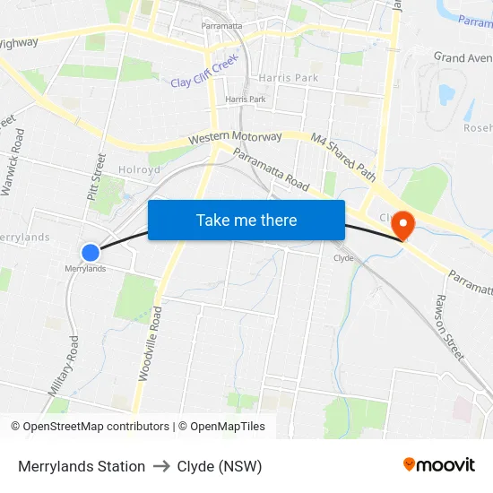 Merrylands Station to Clyde (NSW) map