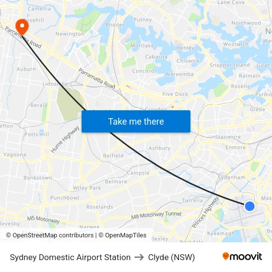 Sydney Domestic Airport Station to Clyde (NSW) map