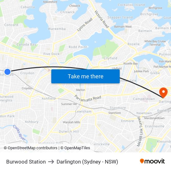 Burwood Station to Darlington (Sydney - NSW) map