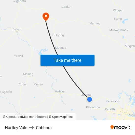 Hartley Vale to Cobbora map