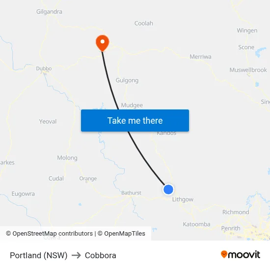 Portland (NSW) to Cobbora map
